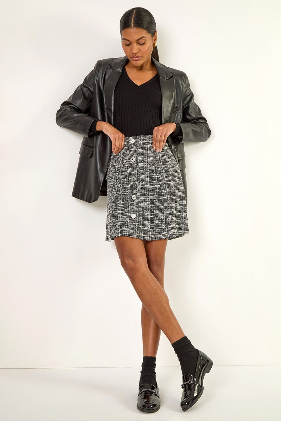 Roman Black Buttoned Textured Skirt
