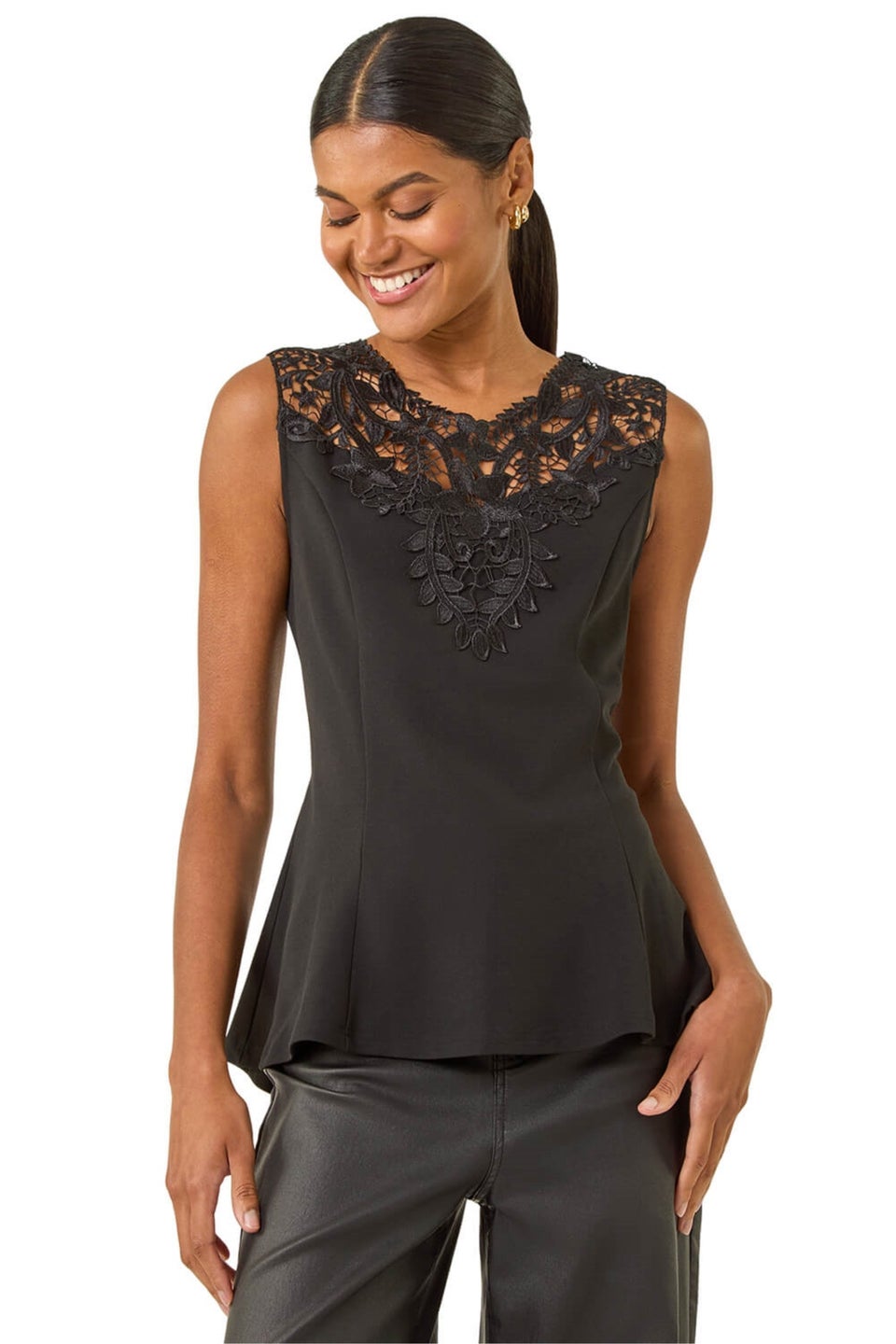 Roman Black Lace Ponte Peplum Top