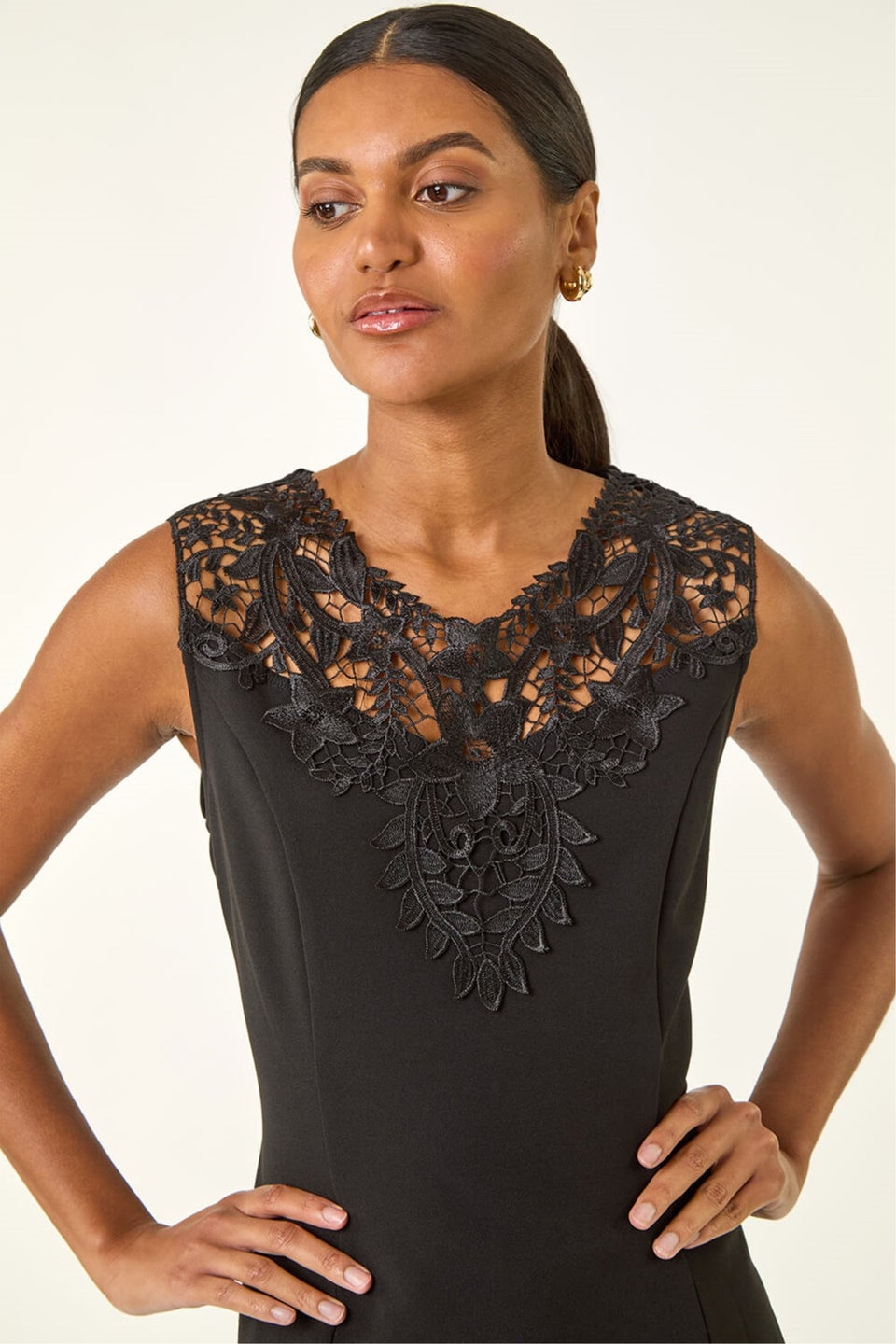 Roman Black Lace Ponte Peplum Top