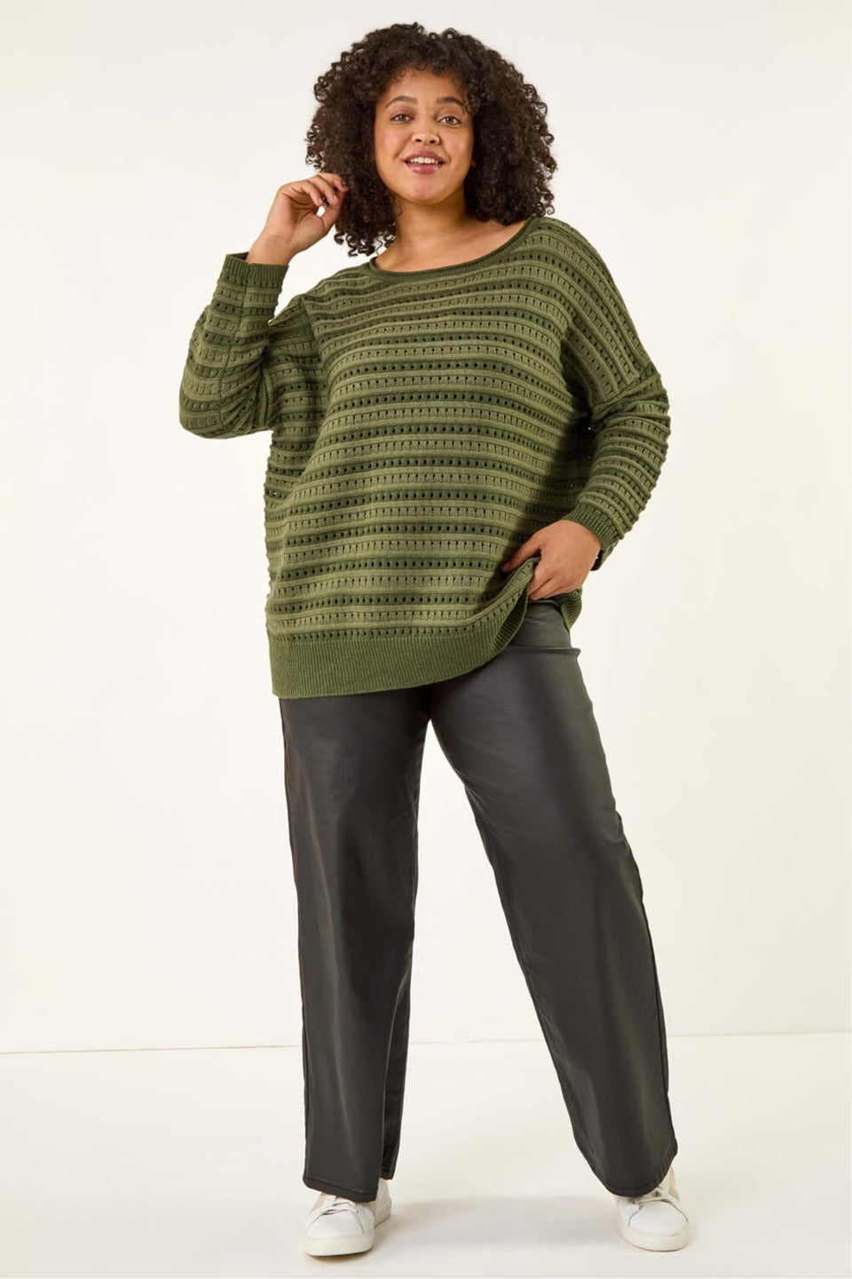 Roman Green Curve Crochet Stripe Knit