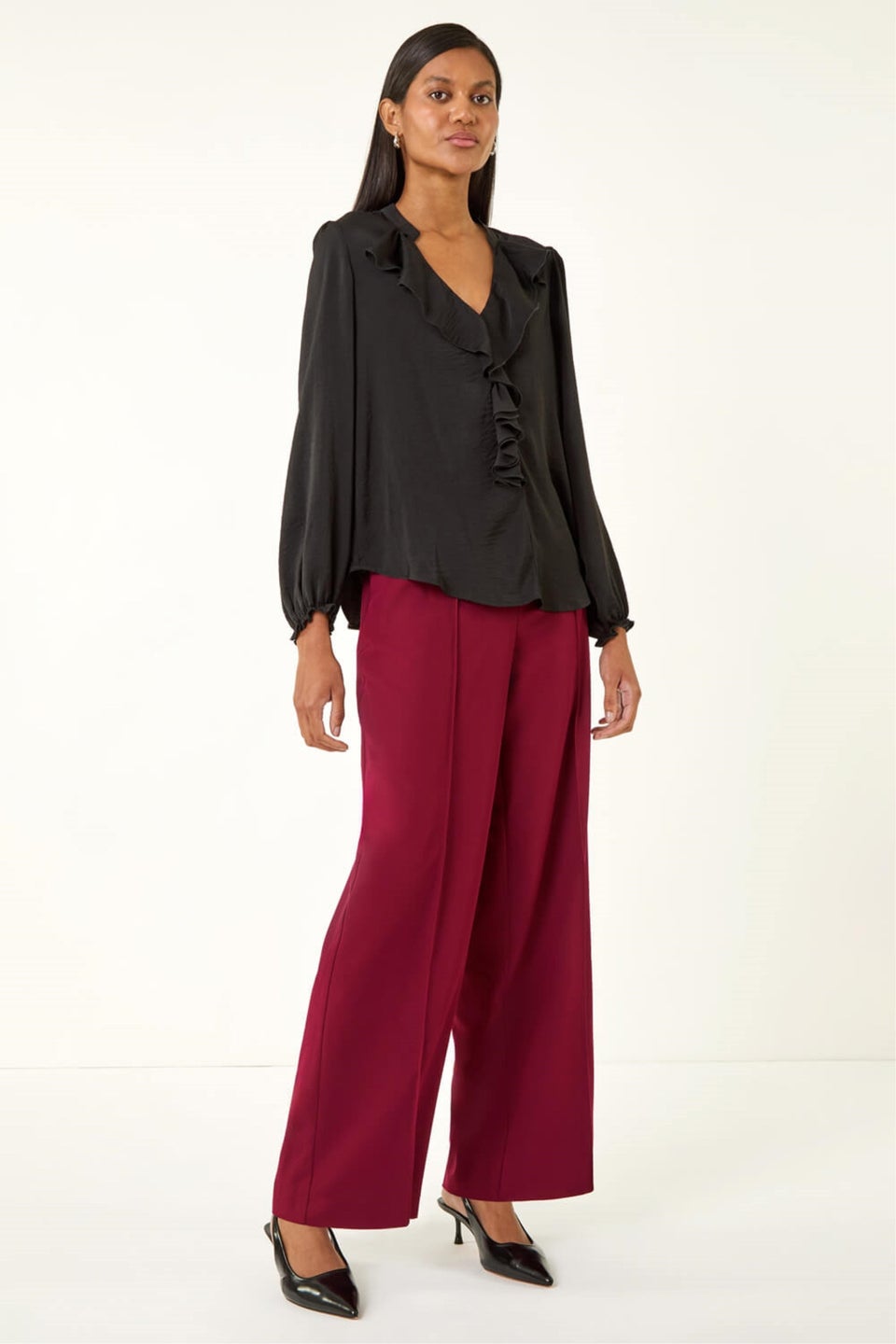 Roman Black Satin Ruffle Neck Blouse