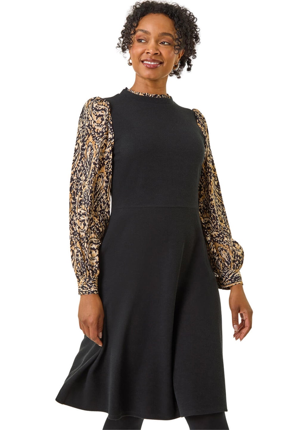 Roman Black Petite Contrast Frill Stretch Dress