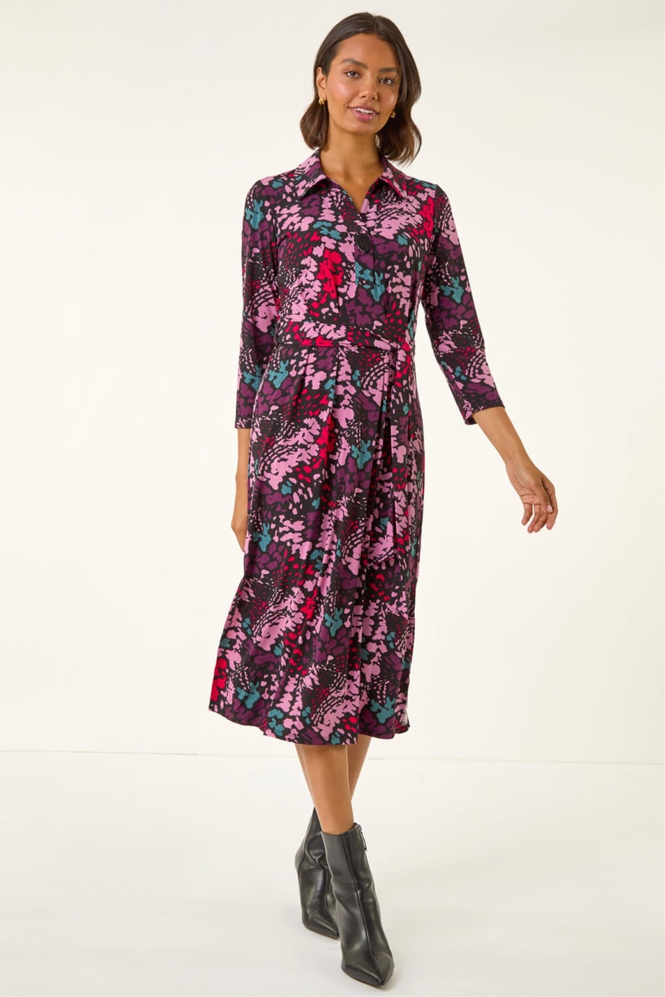 Roman Pink Abstract Buttoned Shirt Midi Dress