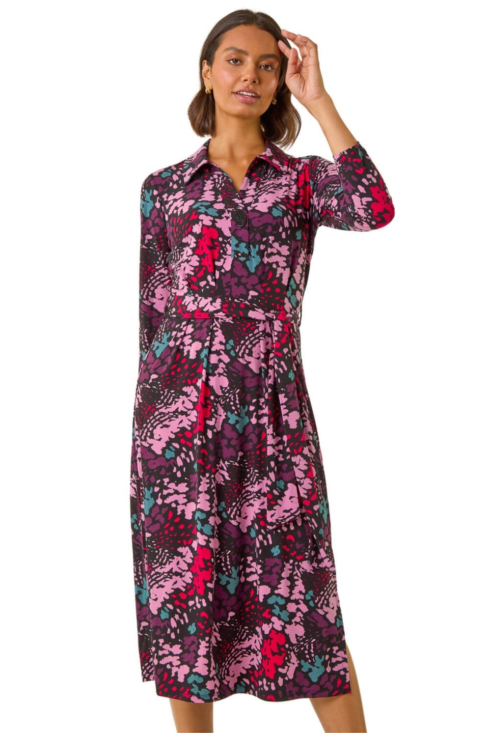 Roman Pink Abstract Buttoned Shirt Midi Dress