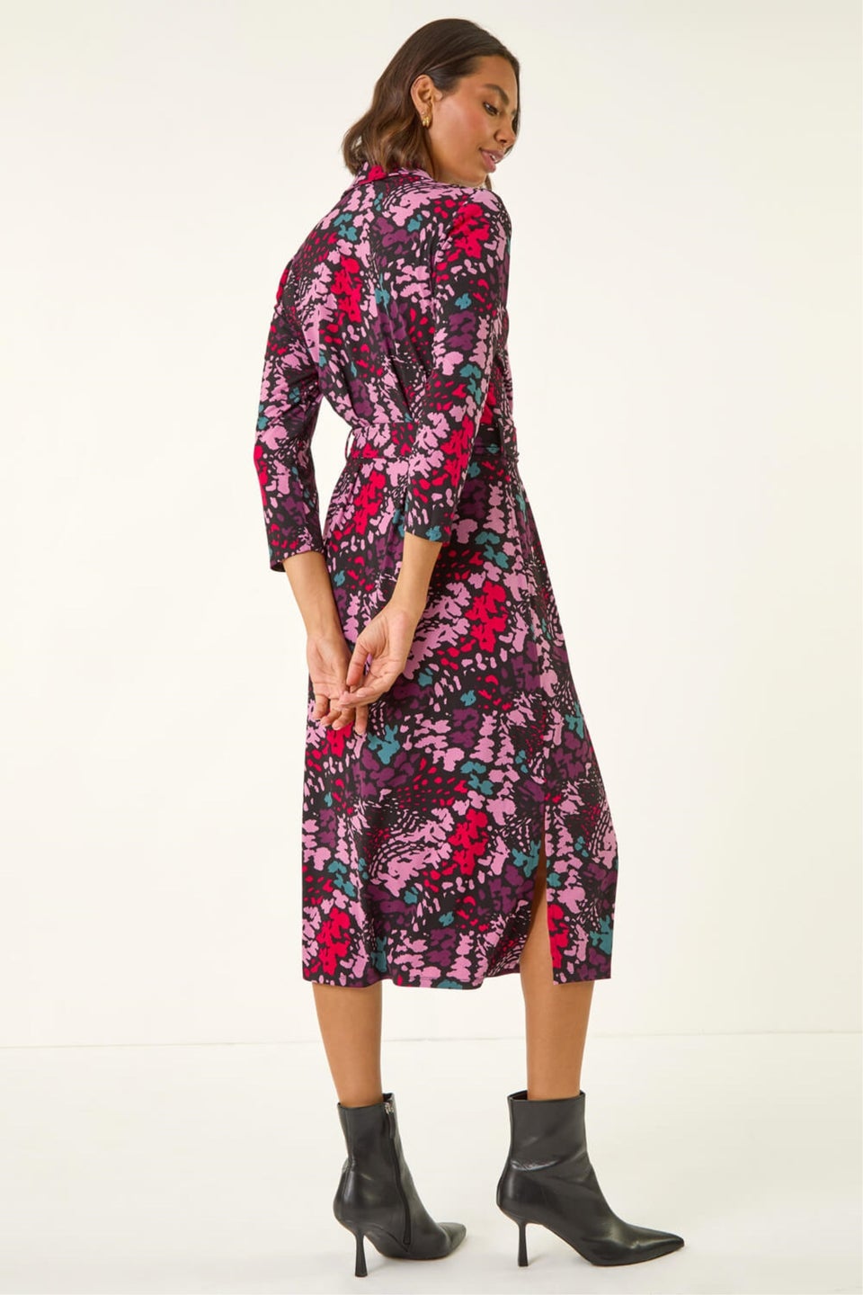 Roman Pink Abstract Buttoned Shirt Midi Dress