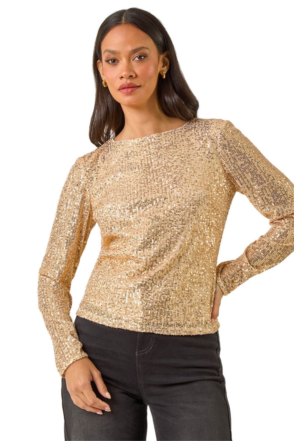 Dusk Gold Sequin Long Sleeve Stretch Top