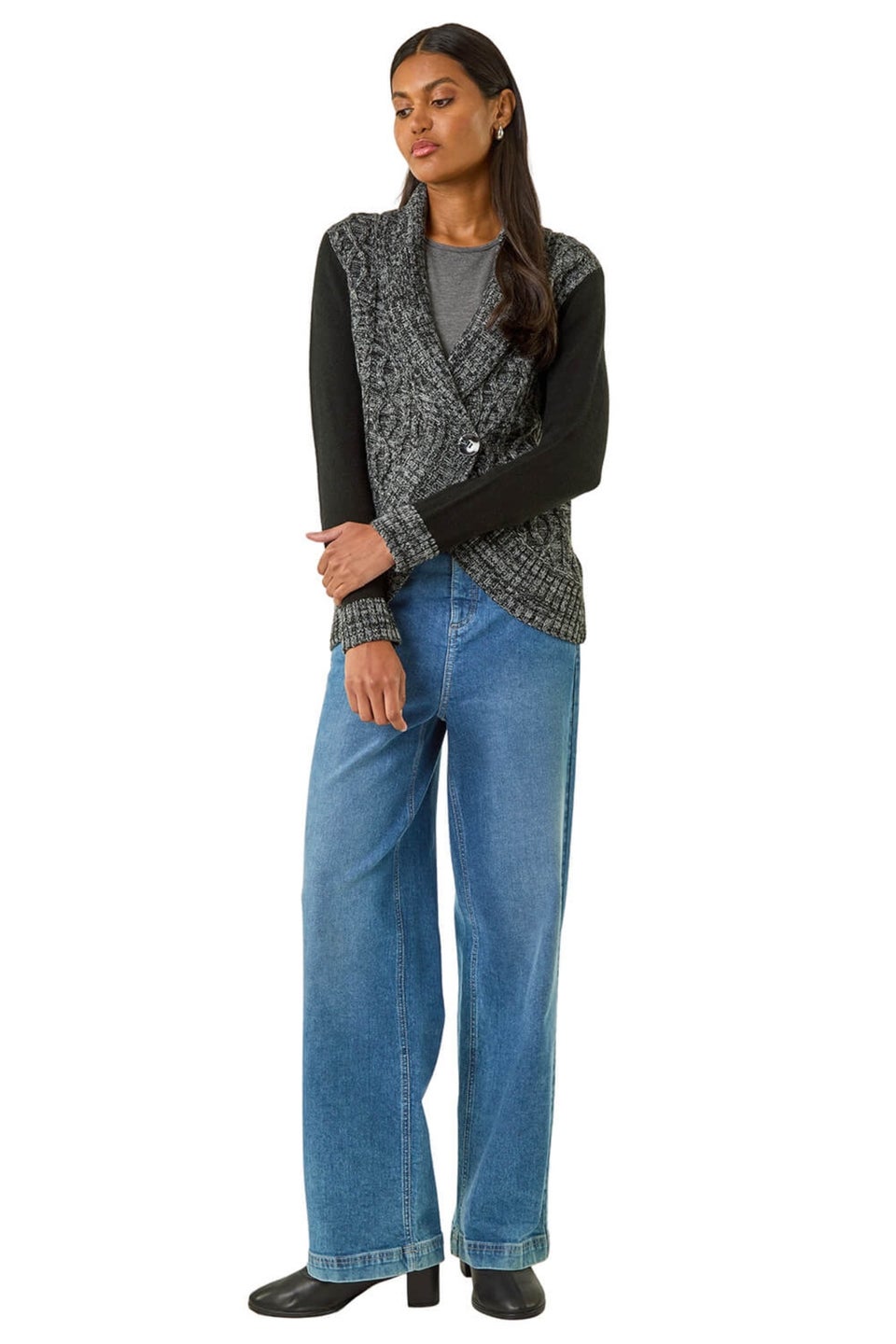 Roman Charcoal Textured Knit Wrap Cardigan