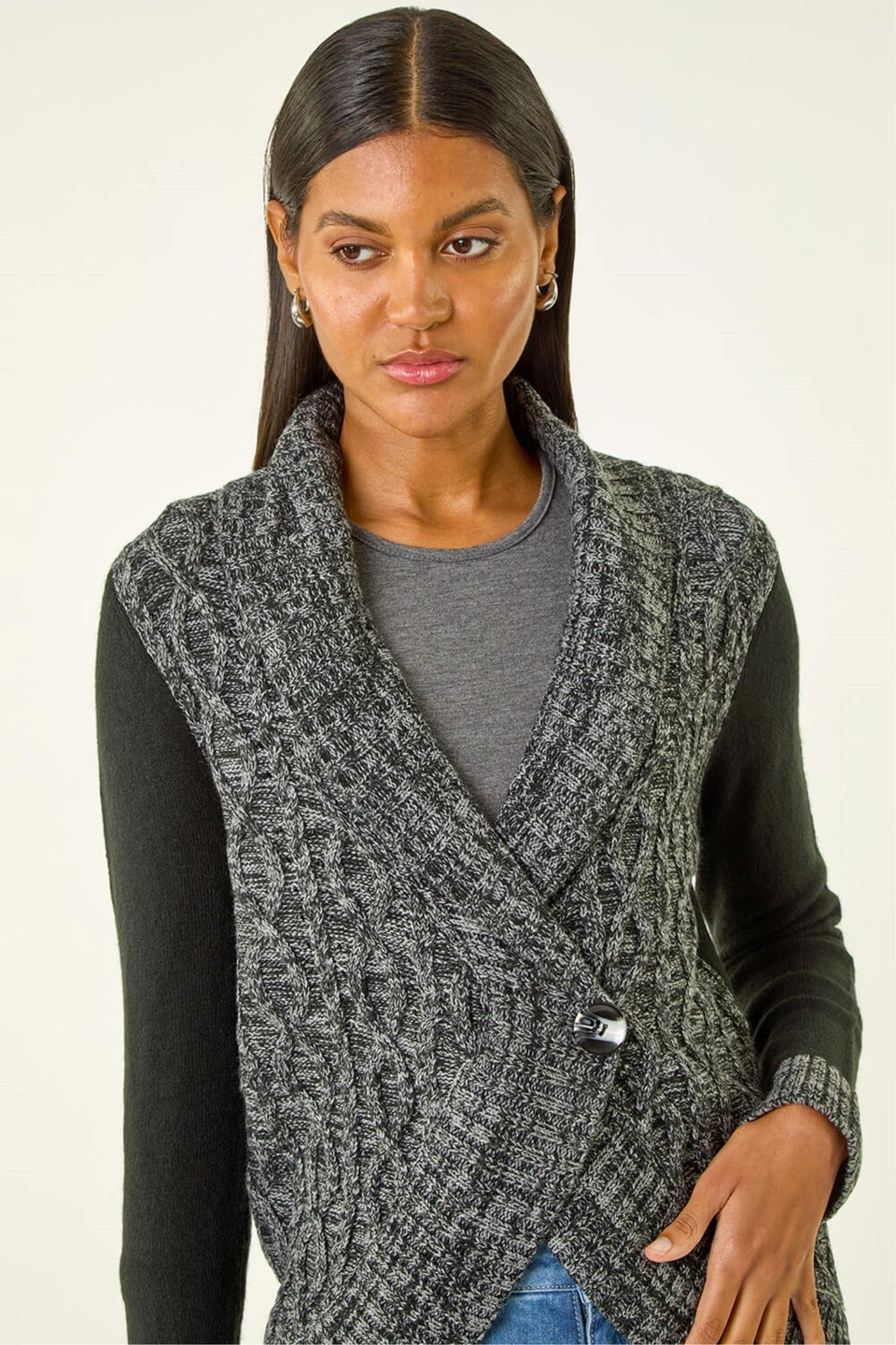 Roman Charcoal Textured Knit Wrap Cardigan