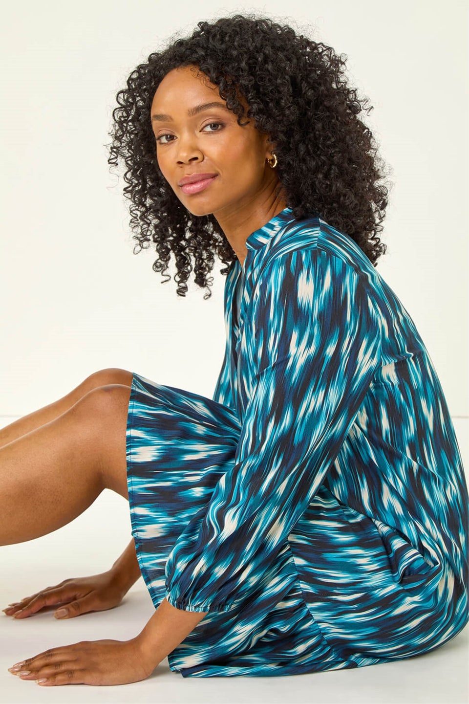 Roman Teal Petite Ikat Print Tiered Hem Dress