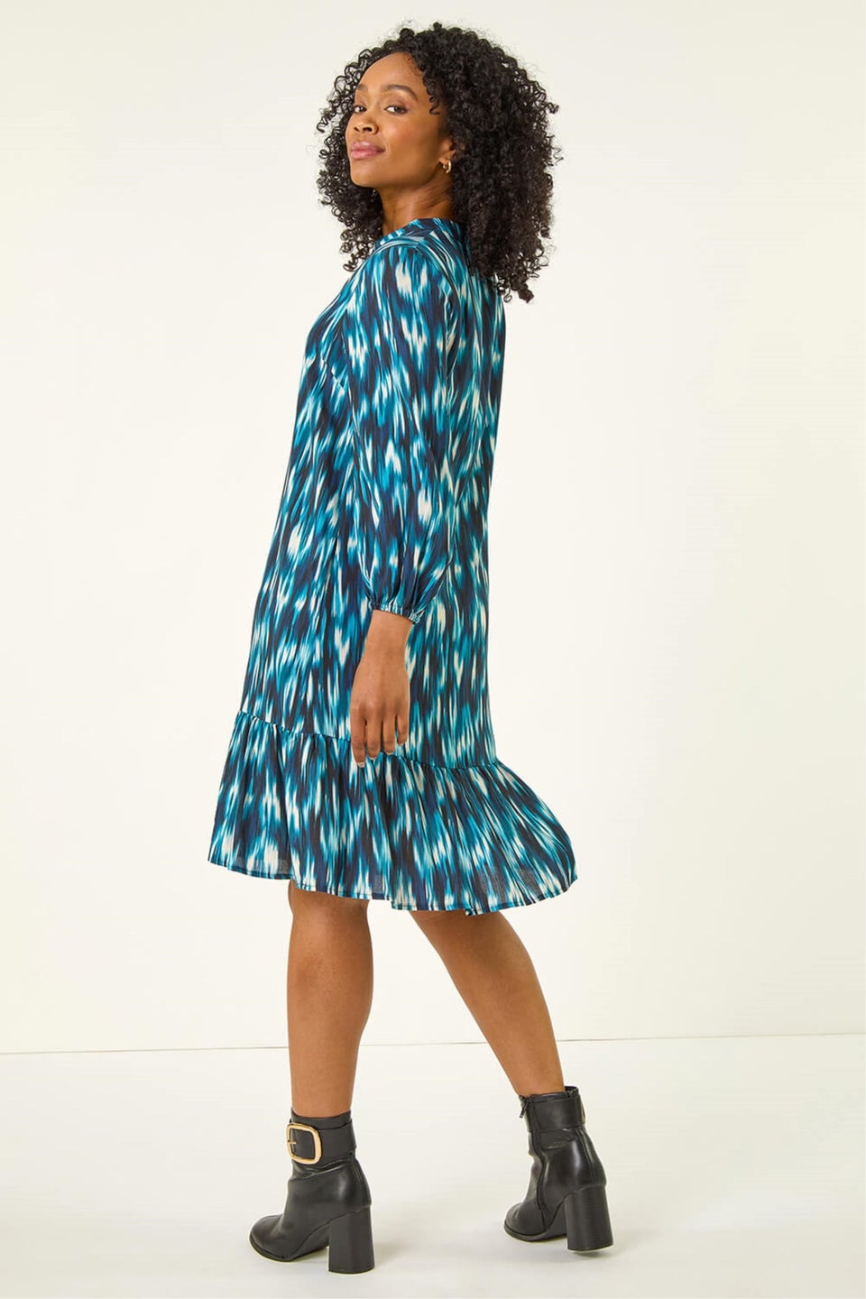 Roman Teal Petite Ikat Print Tiered Hem Dress
