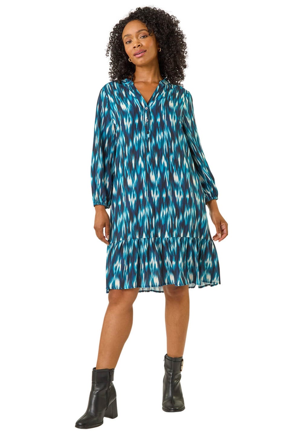 Roman Teal Petite Ikat Print Tiered Hem Dress