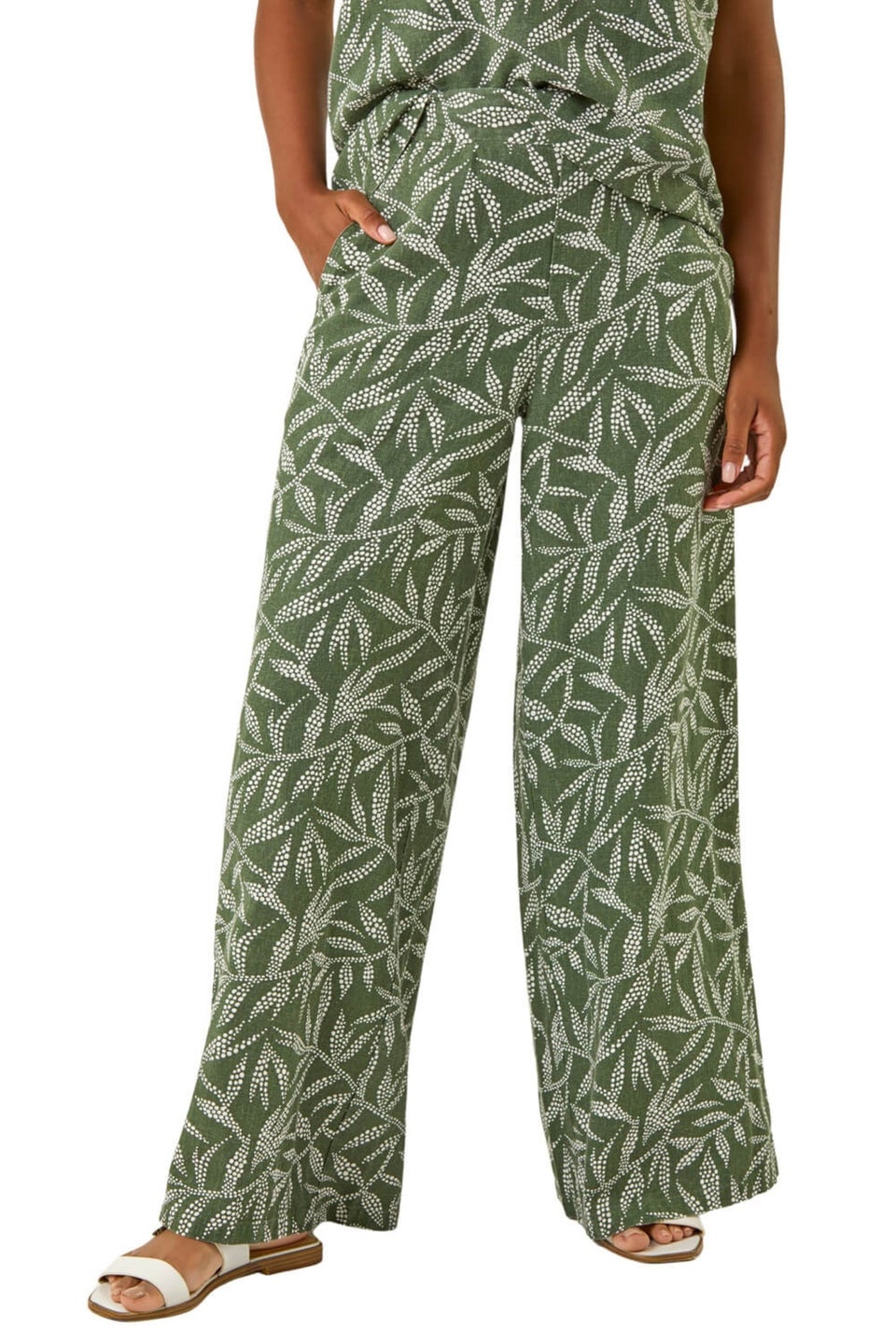 Roman Khaki Leaf Print Linen Mix Wide Leg Trouser