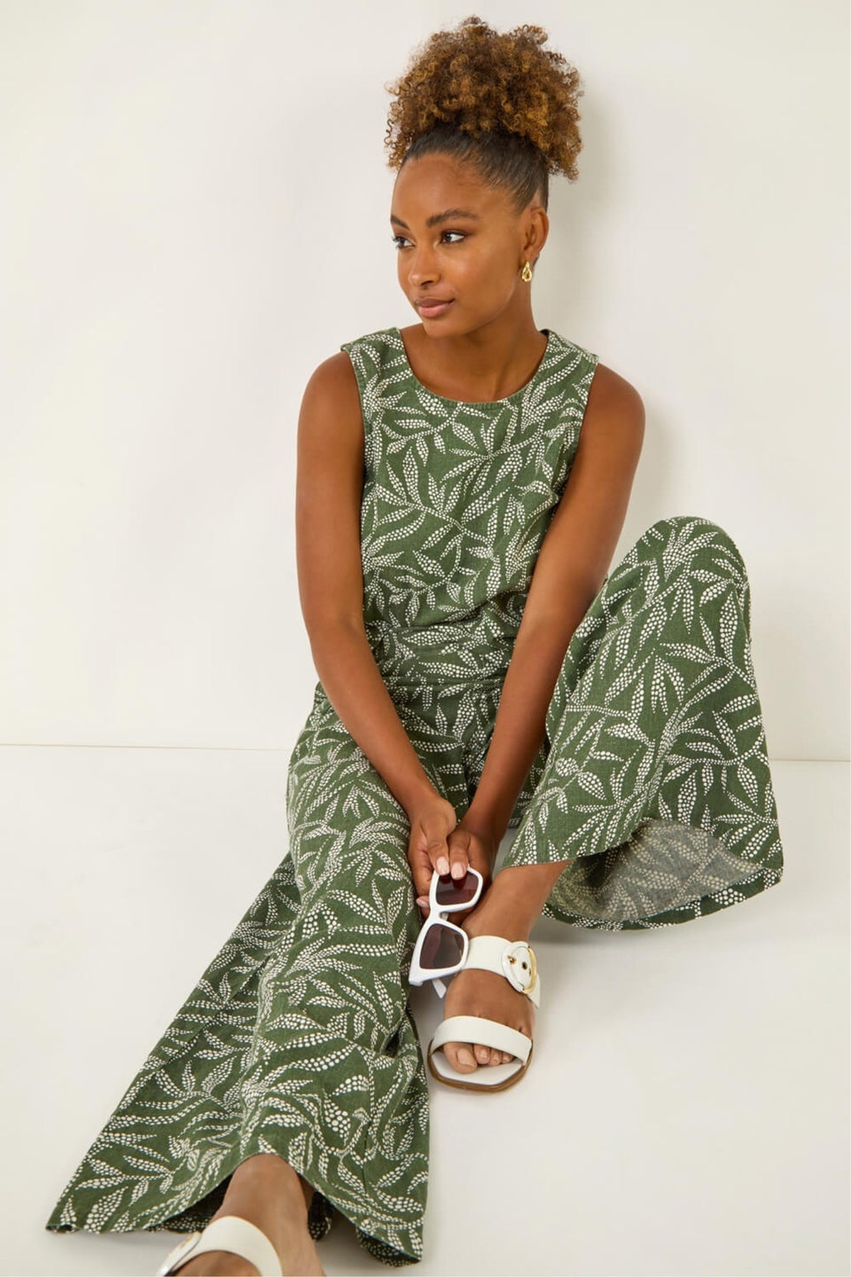 Roman Khaki Leaf Print Linen Mix Wide Leg Trouser