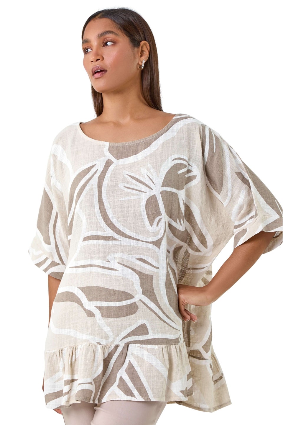 Roman Taupe Cotton Oversized Leaf Tunic Top
