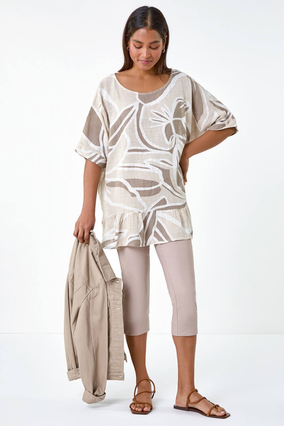 Roman Taupe Cotton Oversized Leaf Tunic Top