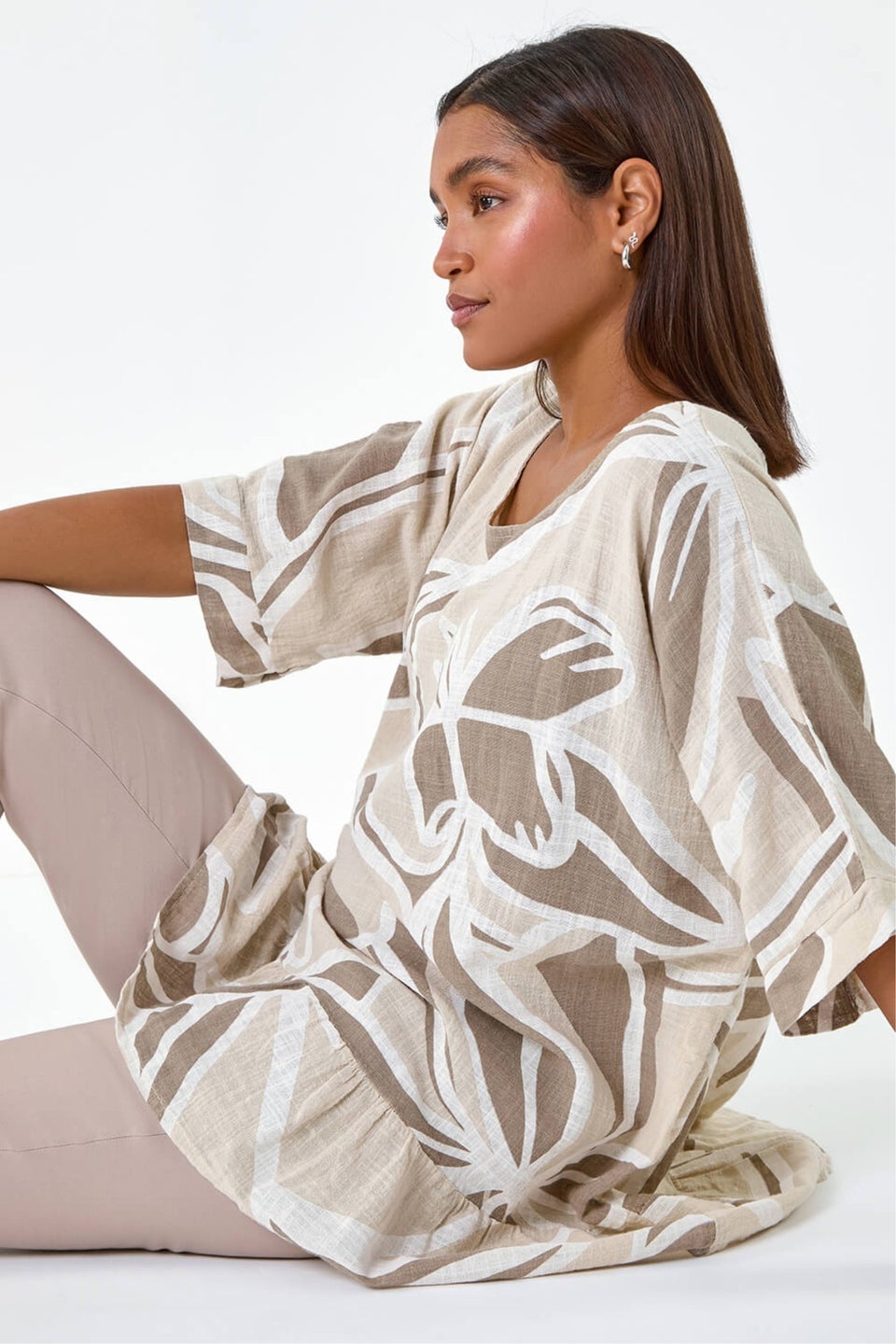 Roman Taupe Cotton Oversized Leaf Tunic Top