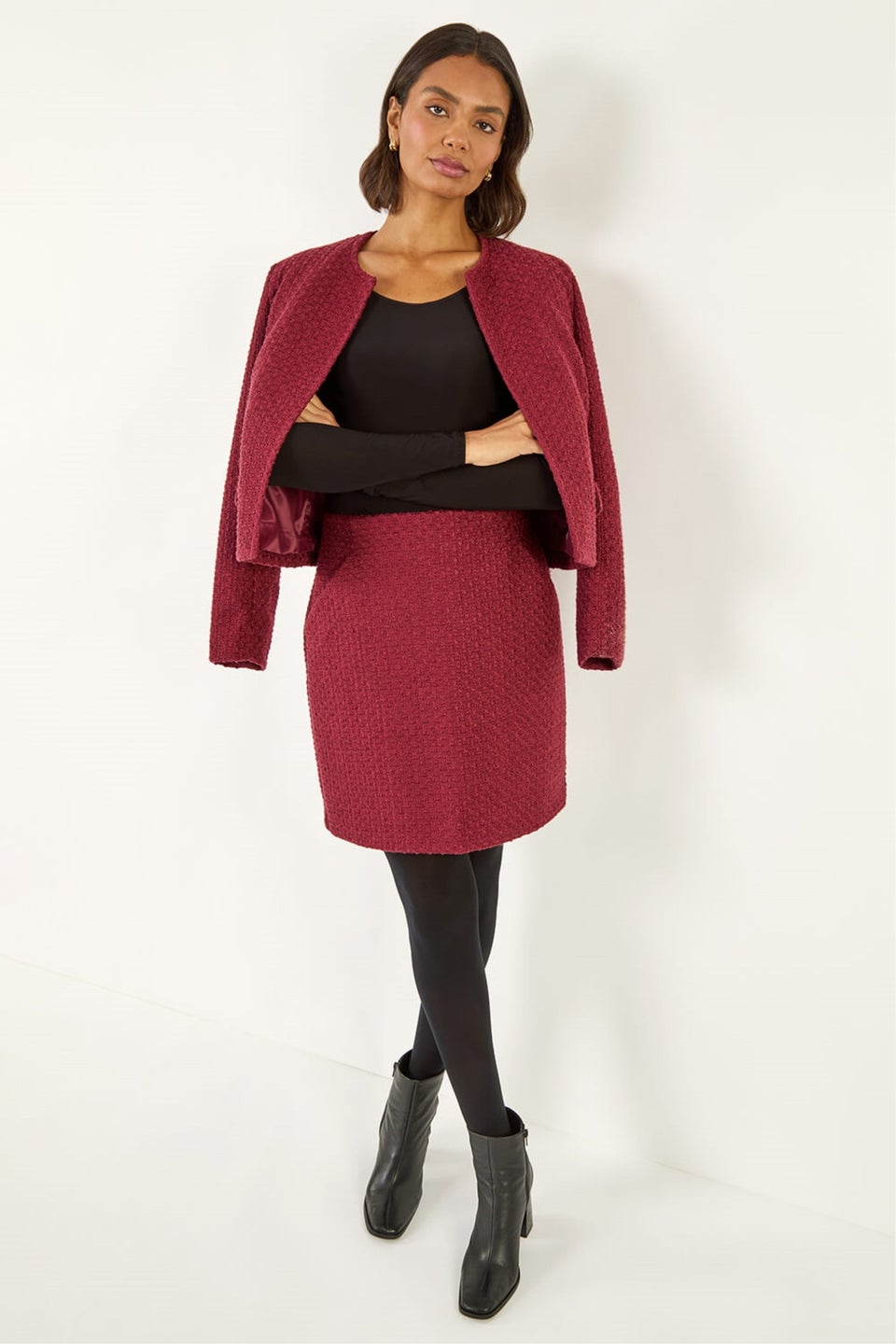 Roman Wine Boucle Textured A-Line Skirt