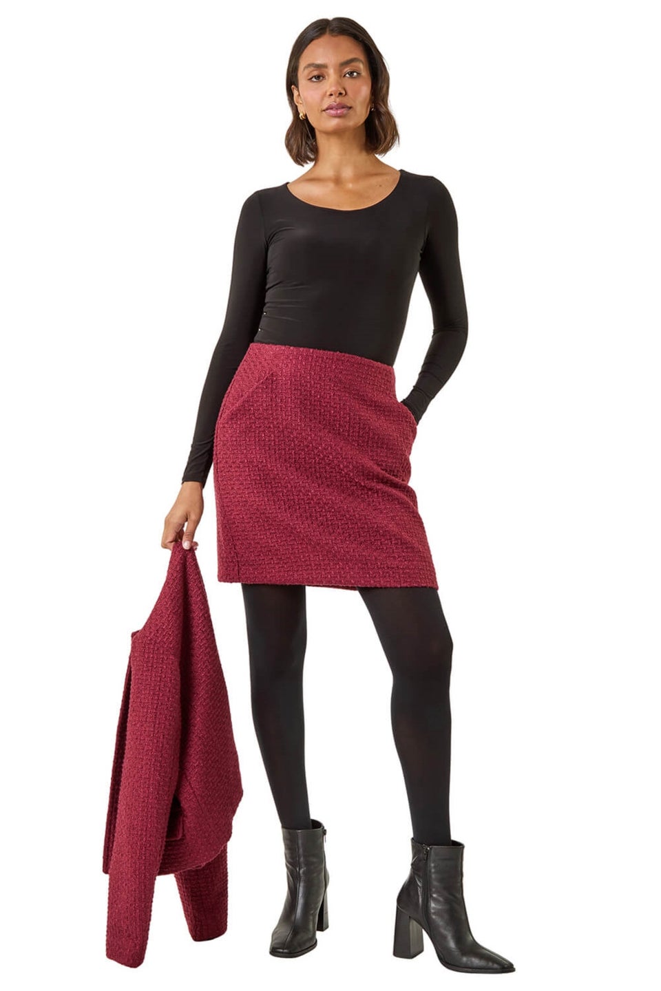 Roman Wine Boucle Textured A-Line Skirt
