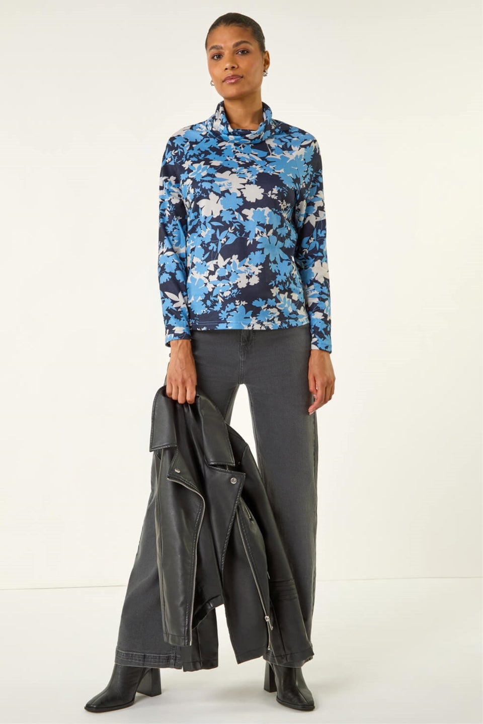 Roman Blue Floral Print Cowl Neck Top