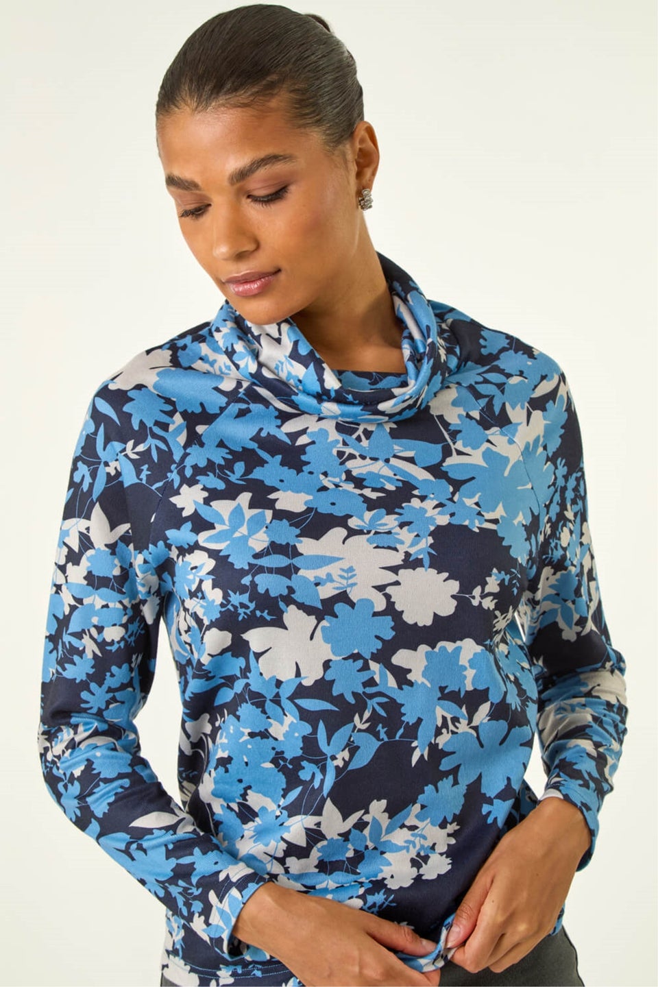 Roman Blue Floral Print Cowl Neck Top