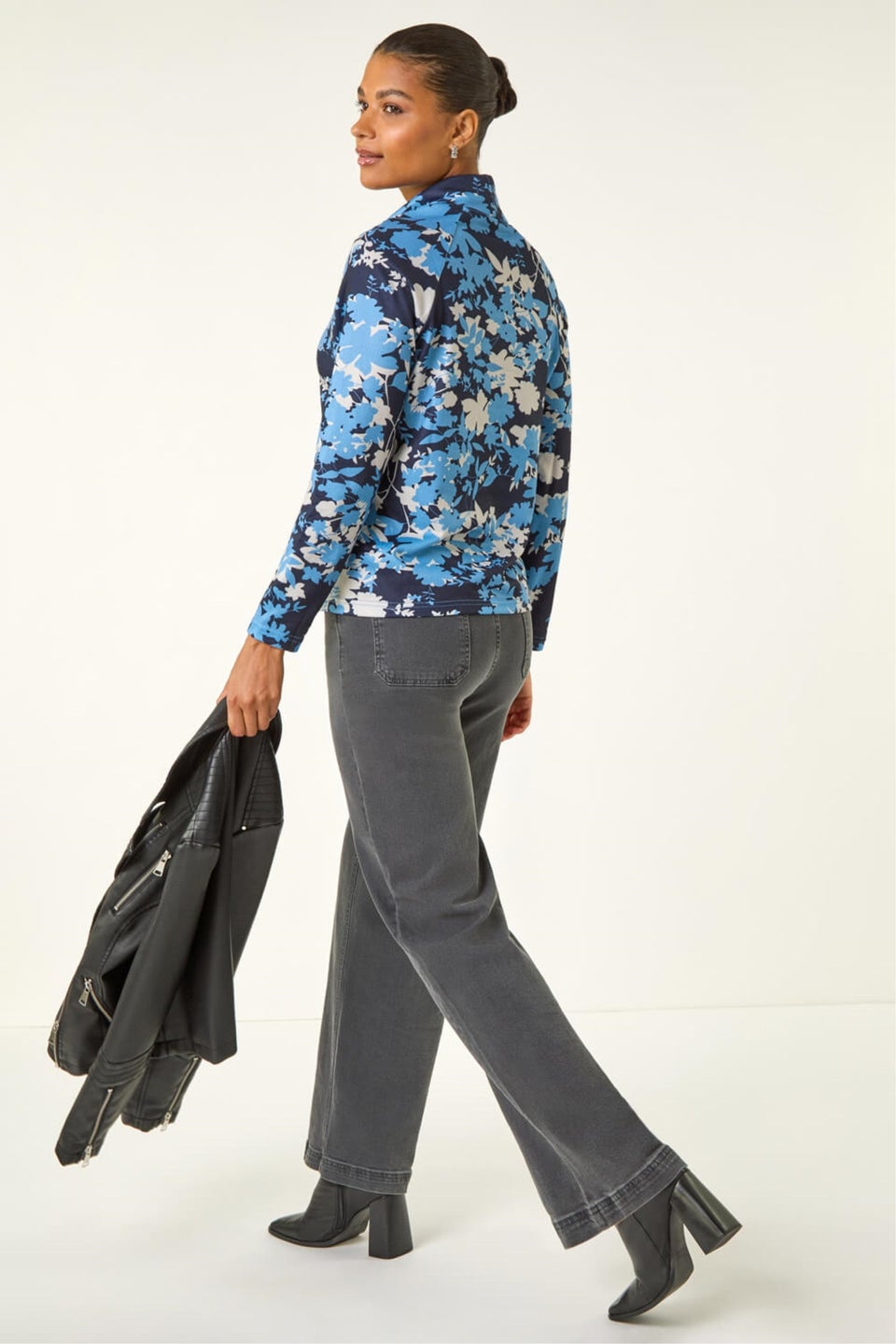 Roman Blue Floral Print Cowl Neck Top