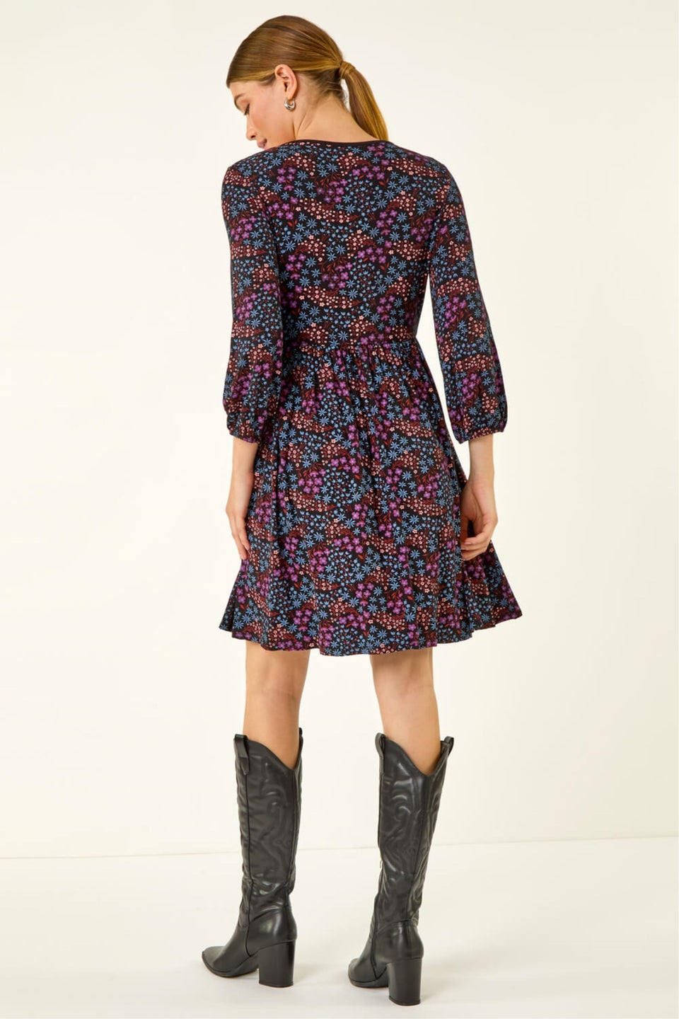 Roman Purple Print Trim Detail Stretch Dress