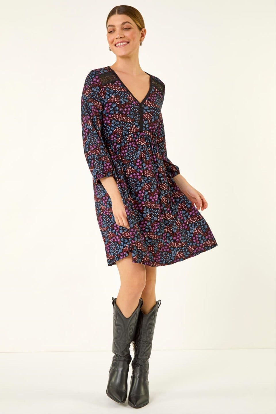 Roman Purple Print Trim Detail Stretch Dress
