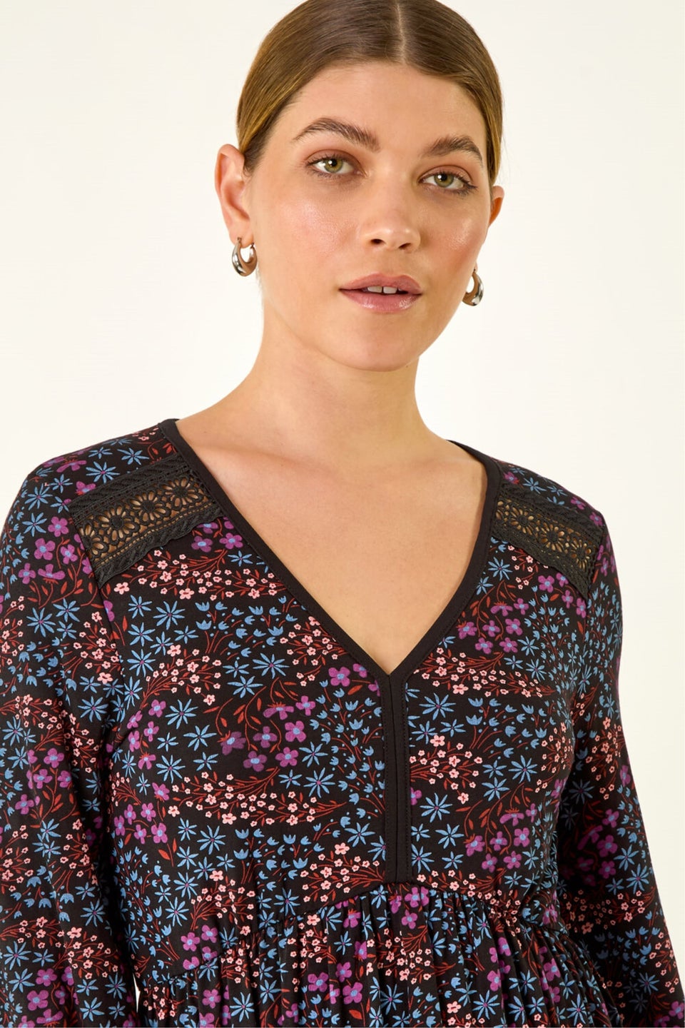 Roman Purple Print Trim Detail Stretch Dress