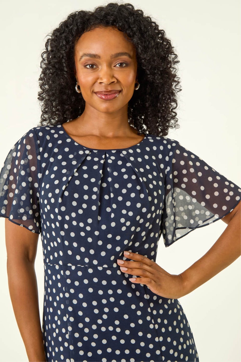 Roman Navy Petite Spot Print Godet Hem Midi Dress