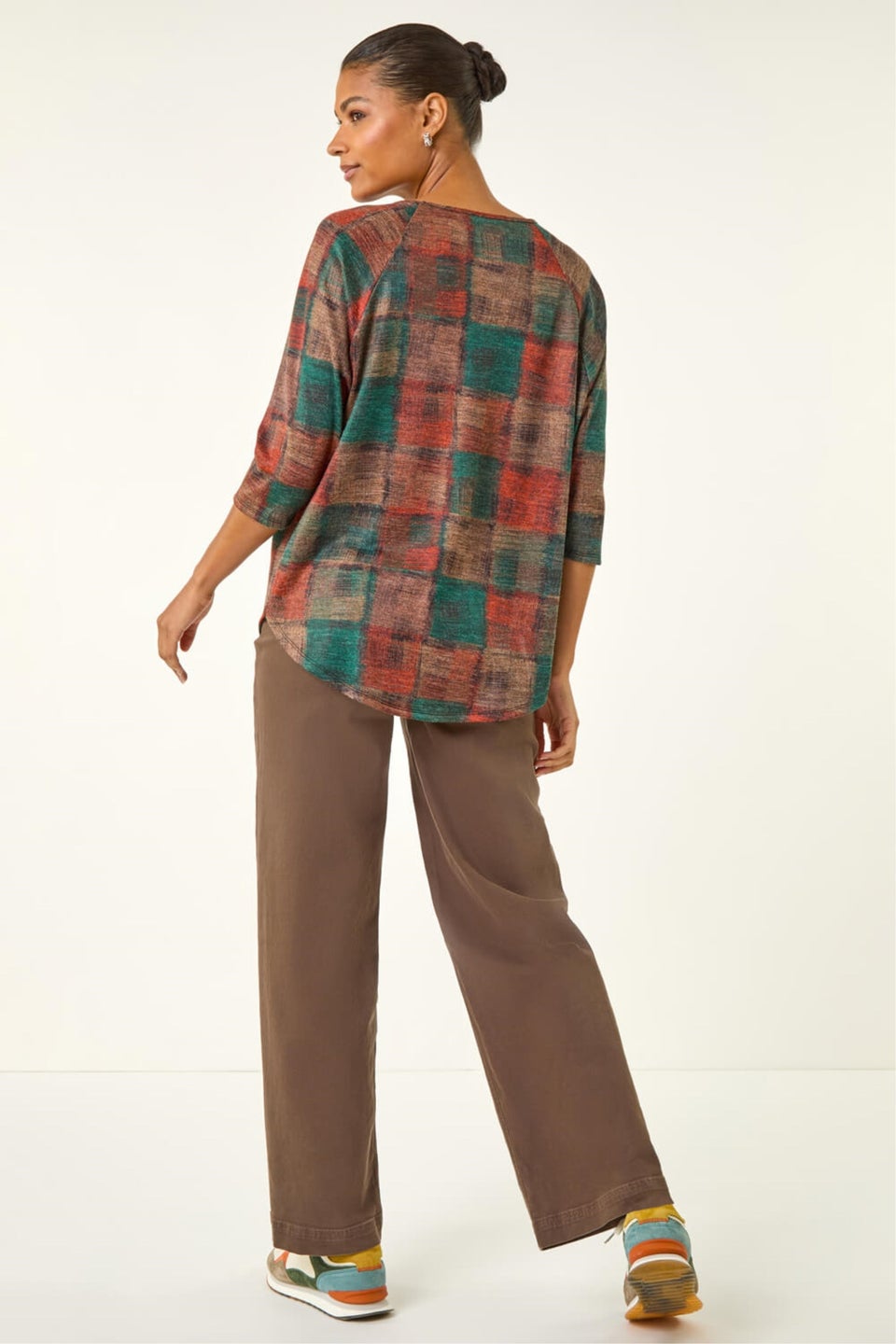 Roman Dark Orange Patchwork Print Round Hem Top