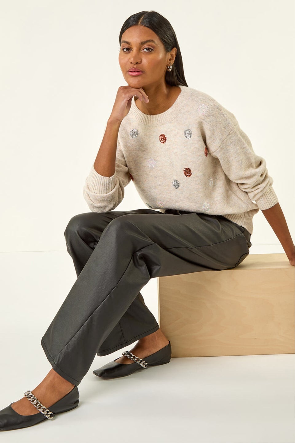 Roman Ivory Sequin Poka Dot Knit Jumper