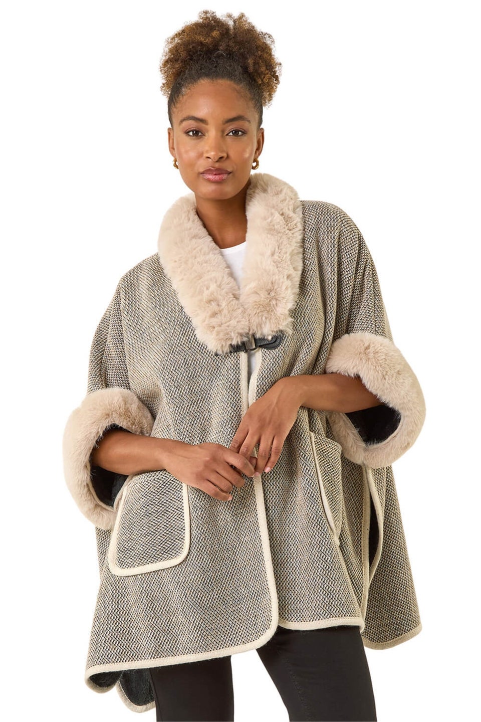 Roman Light Grey Faux Fur Pocket Poncho