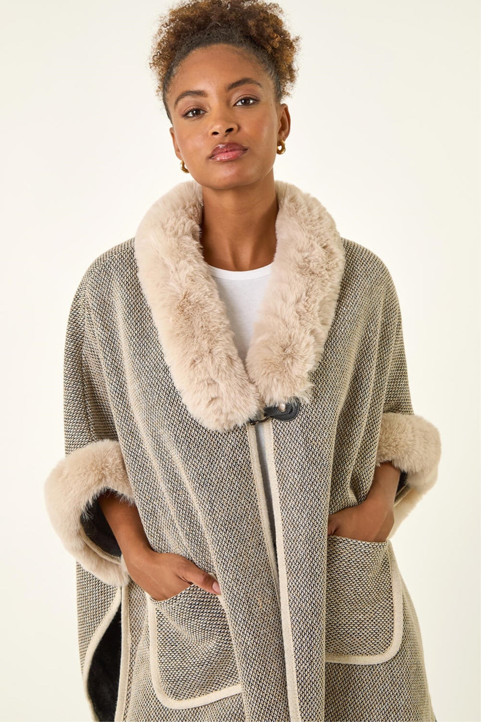 Roman Light Grey Faux Fur Pocket Poncho