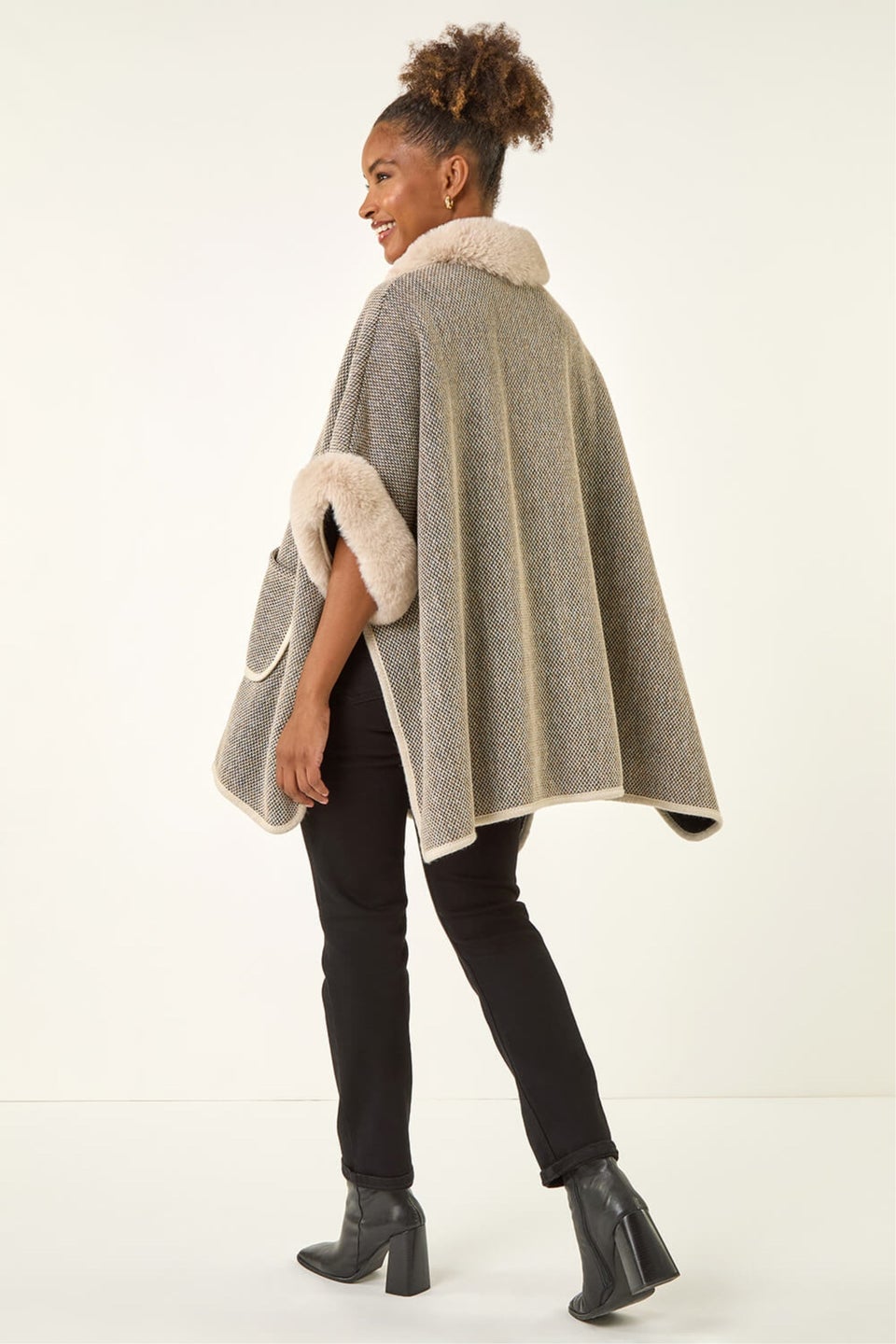 Roman Light Grey Faux Fur Pocket Poncho