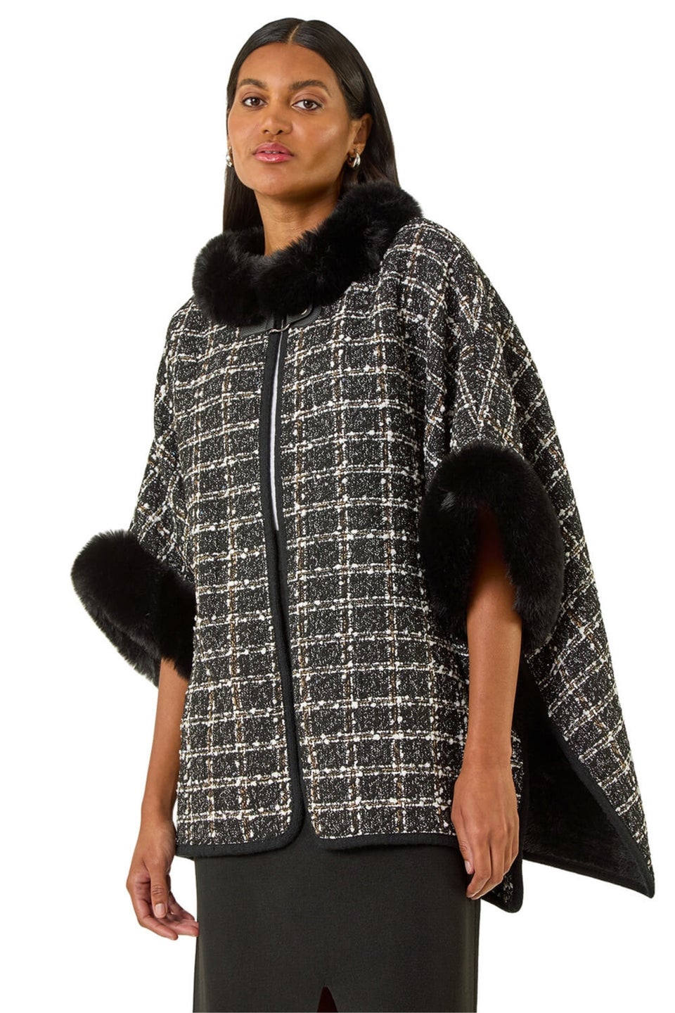 Roman Black Faux Fur Jacquard Knit Poncho