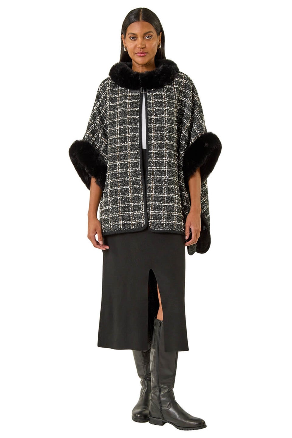 Roman Black Faux Fur Jacquard Knit Poncho