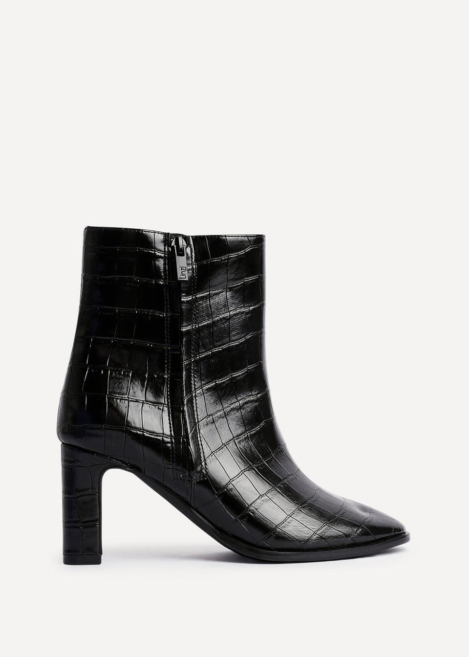 Linzi Jonas Black Faux Croc Patent Leather Block Heel Ankle Boot