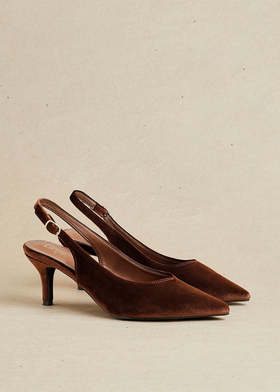 Linzi Finesse Brown Velvet Pointed Slingback Stiletto Court Heels