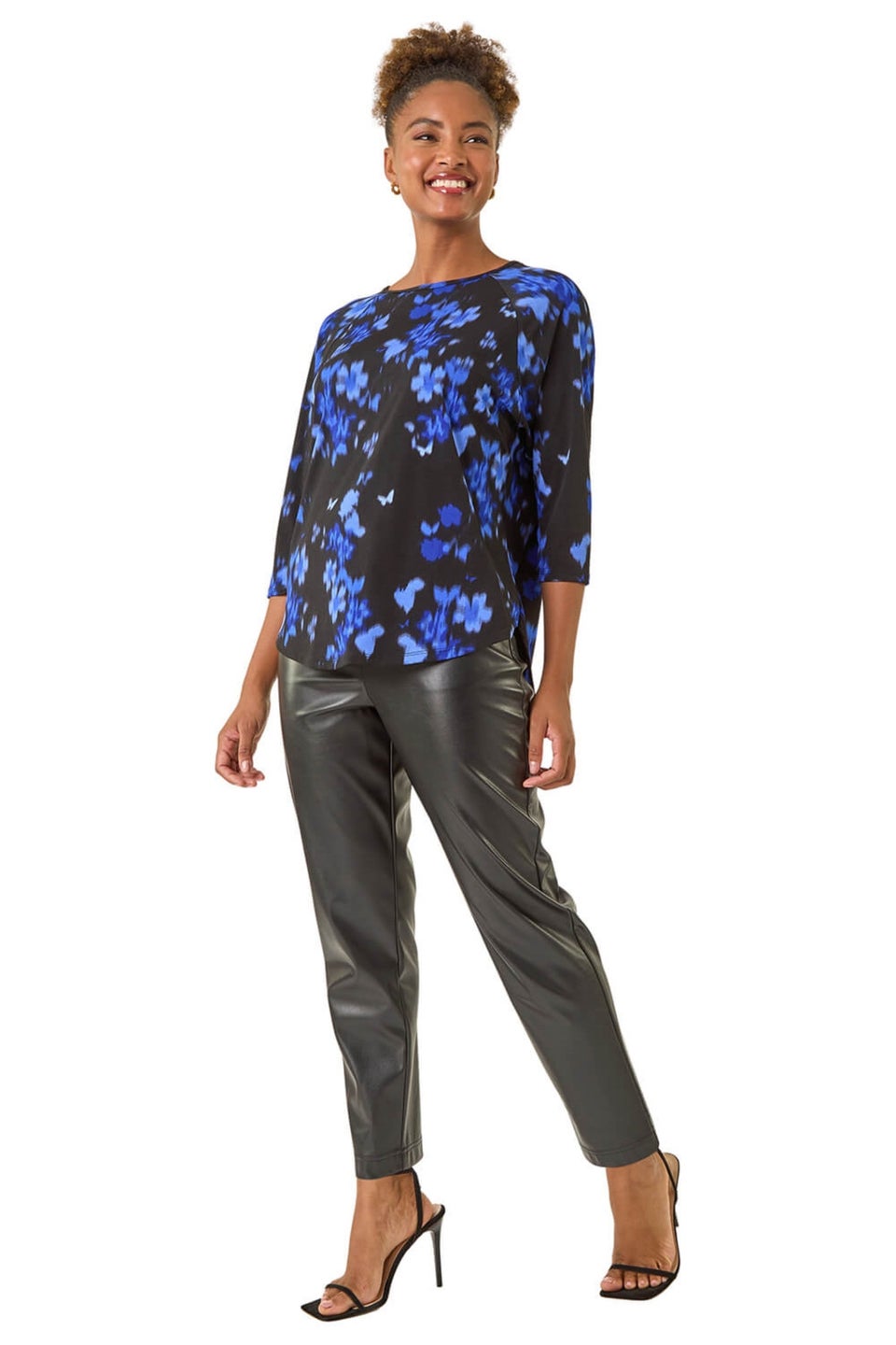 Roman Royal Blue Floral Print Round Hem Top