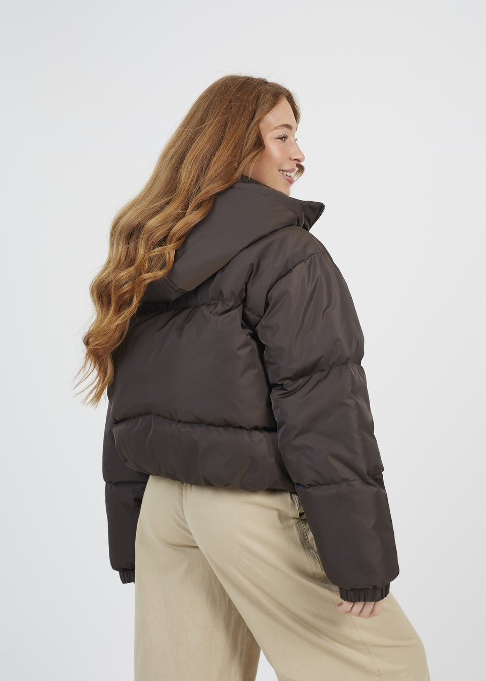 Brave Soul Chocolate Oversized Hooded Short Puffer Jacket