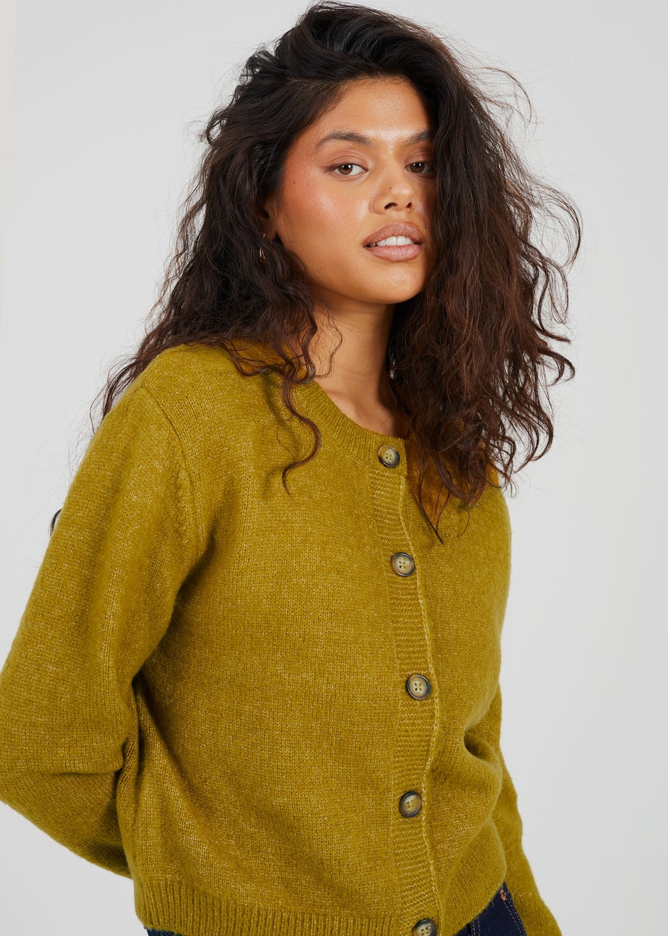 Brave Soul Olive Round Neck Jersey Knit Cardigan
