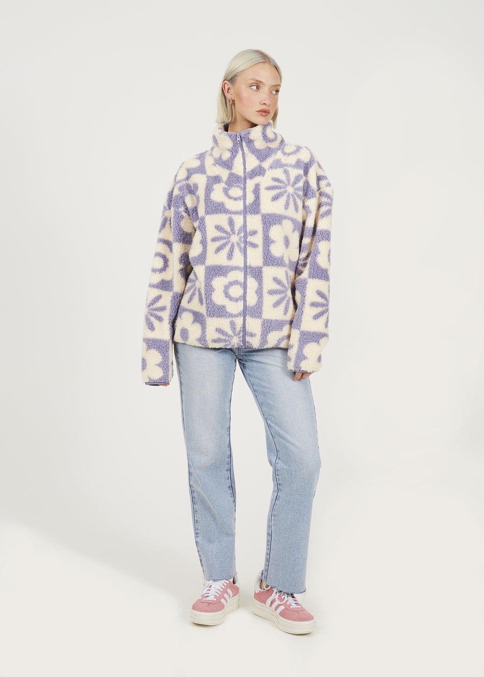 Brave Soul Lilac Graphic Flower Print Zip Through Sherpa Fleece