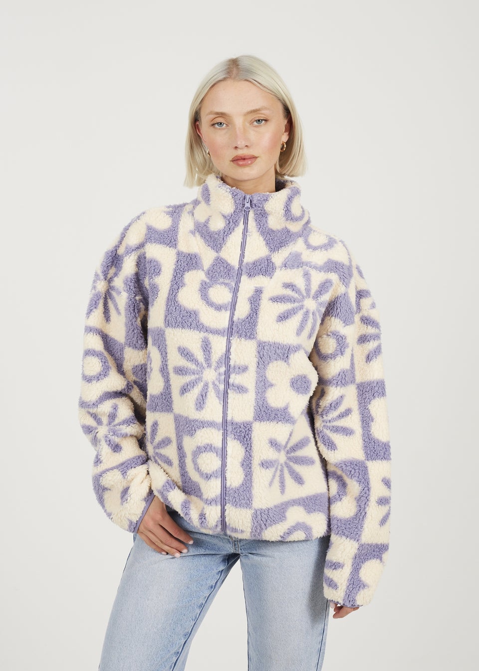 Brave Soul Lilac Graphic Flower Print Zip Through Sherpa Fleece