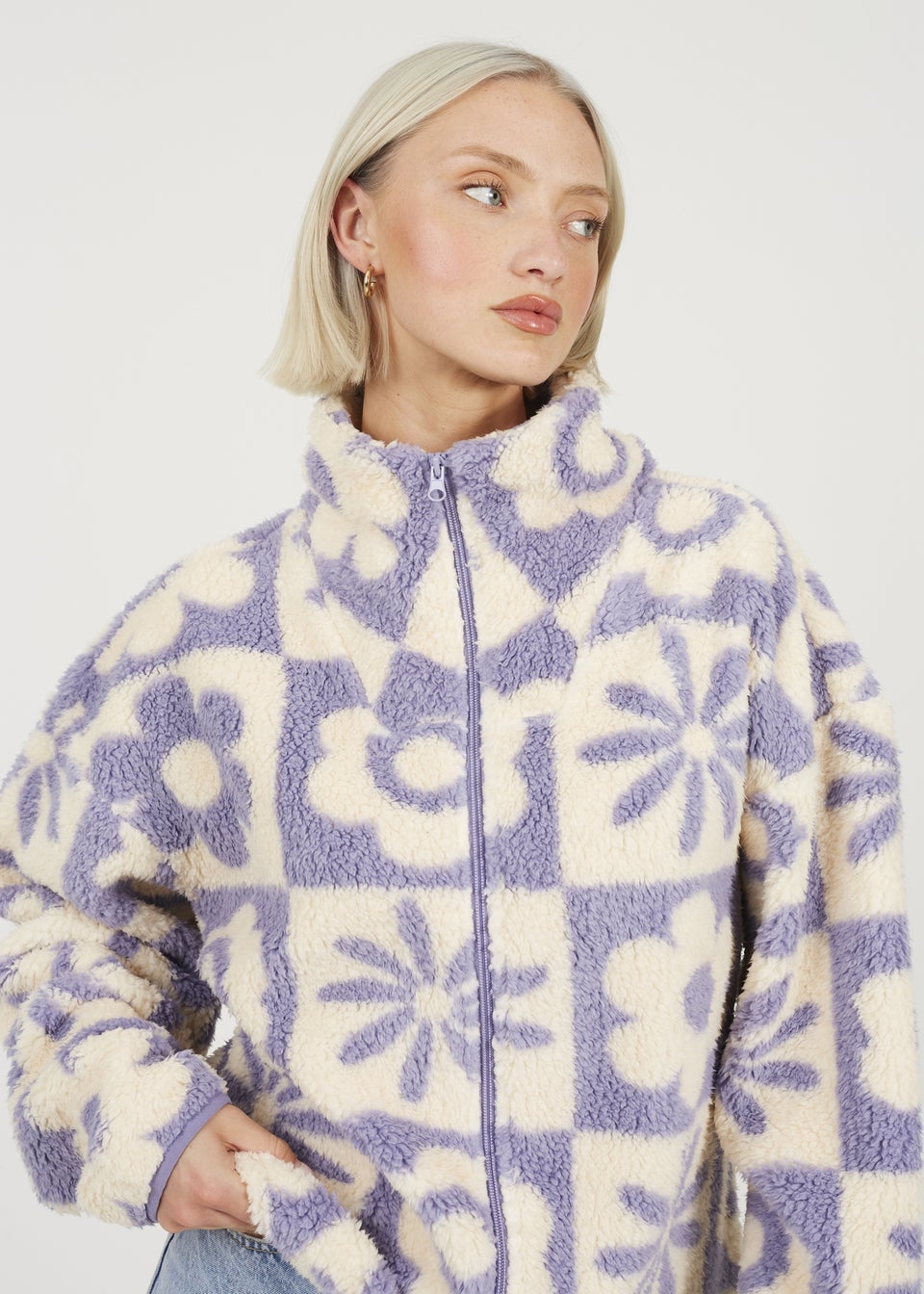 Brave Soul Lilac Graphic Flower Print Zip Through Sherpa Fleece
