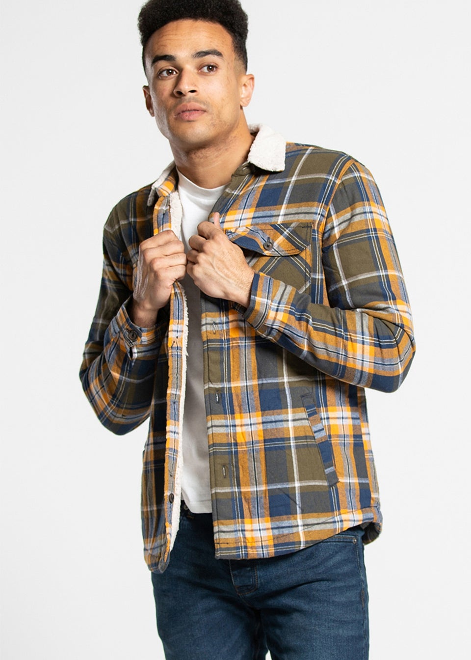 Tokyo Laundry Khaki Checked Padded Shirt With Sherpa Lining