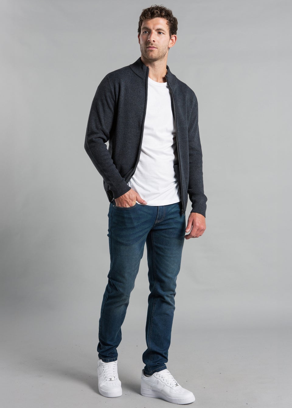 Kensington Eastside Dark Grey Recycled Cotton Blend Zip-Through Cardigan