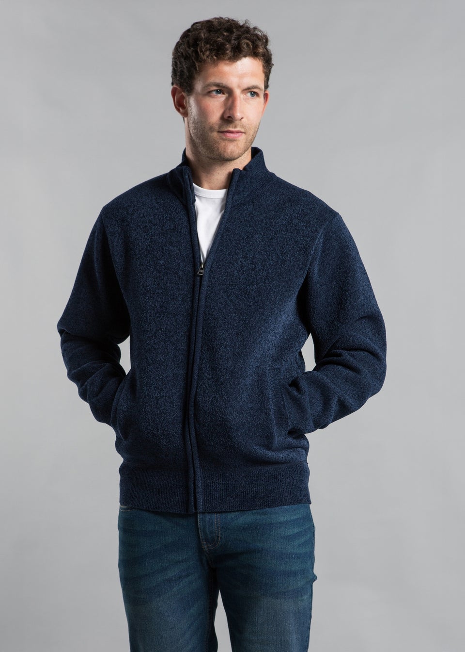 Kensington Eastside Navy Textured Zip-Through Cardigan with Ribbed Details