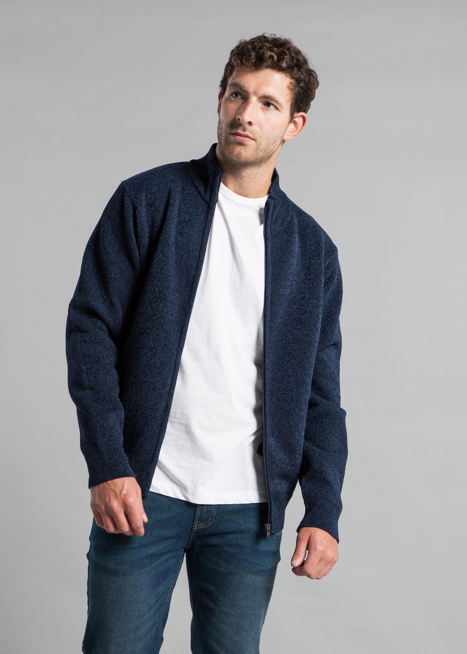 Kensington Eastside Navy Textured Zip-Through Cardigan with Ribbed Details