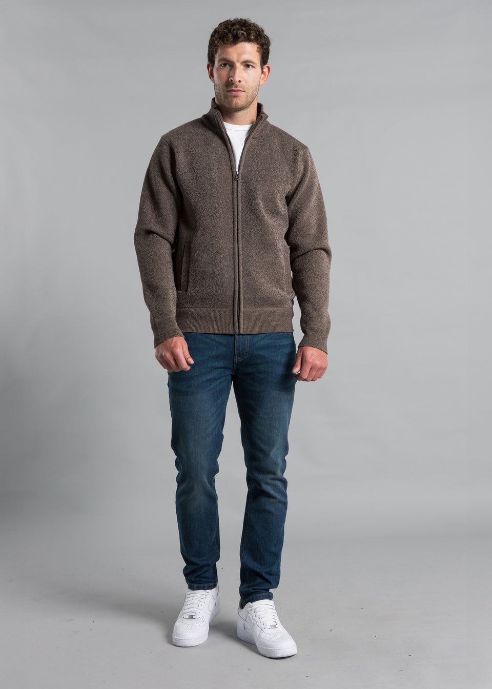 Kensington Eastside Taupe Textured Zip-Through Cardigan with Ribbed Details
