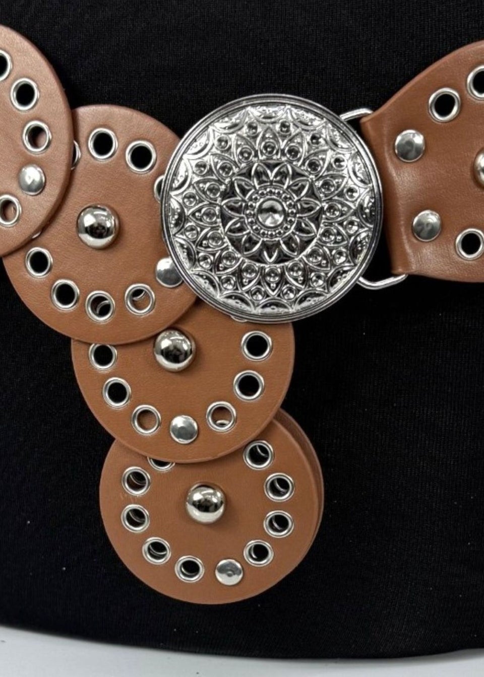 Raffaella Ladies Tan Wide Eyelet Disc Belt